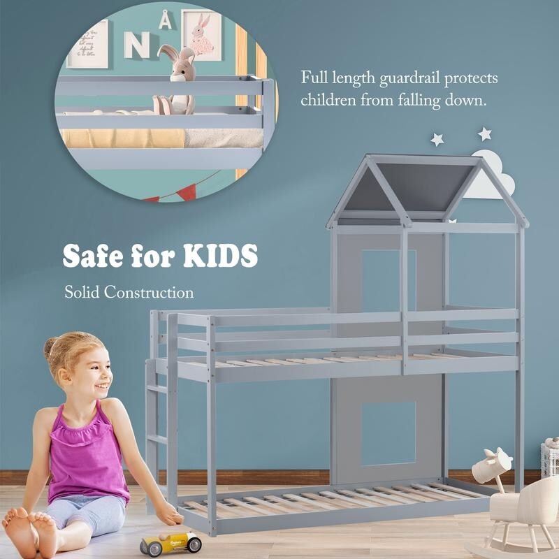 3FT Grey Treehouse Bunk Bed Kids Solid Wood Frame with Canopy Ladder Safety Rail