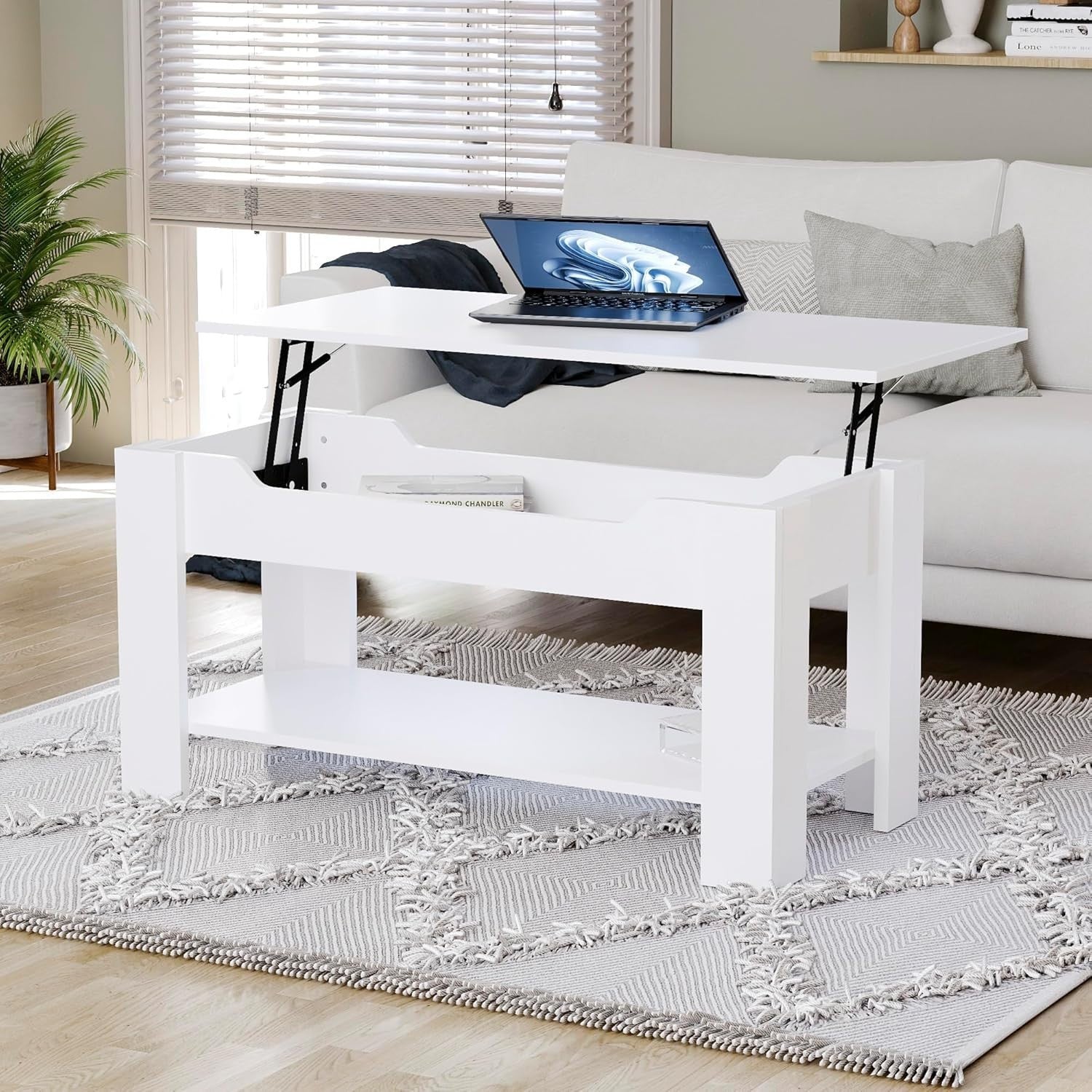 Lift-Up Coffee Table with Hidden Storage & Shelf White 100x48x48cm