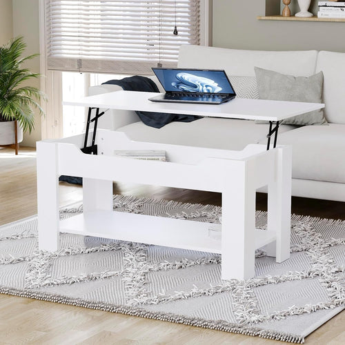 Lift-Up Coffee Table with Hidden Storage & Shelf White 100x48x48cm