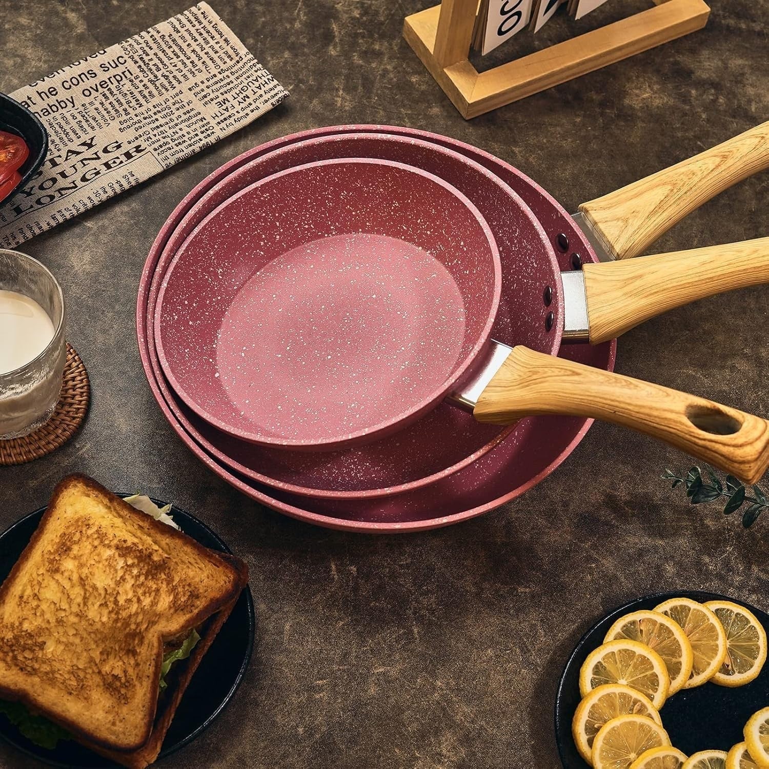 3Pcs Pink Non Stick Frying Pan Set with Lids 20cm 24cm 28cm Induction Ready