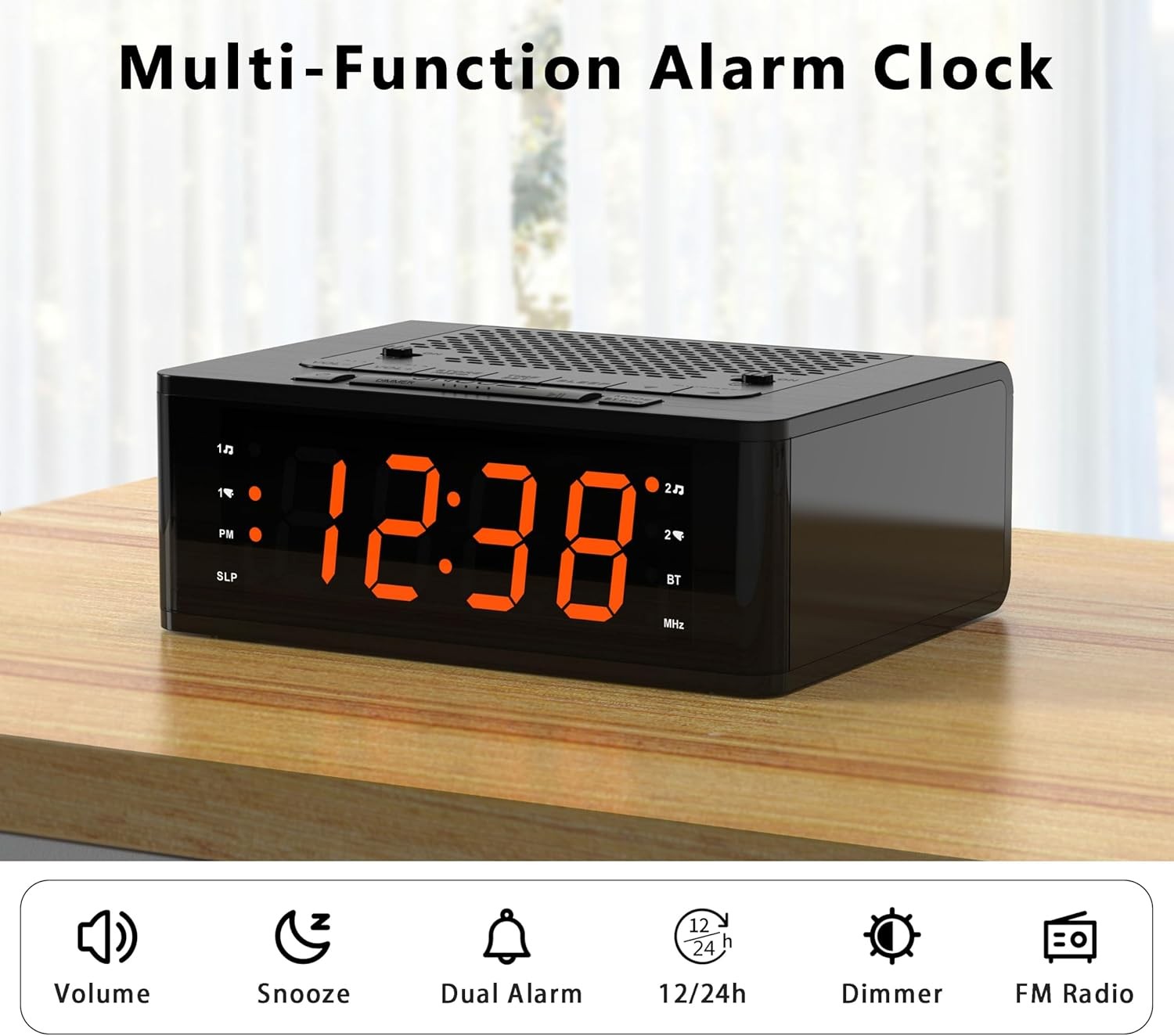 Digital Alarm Clock FM Radio Bluetooth Dimmable LED Dual Alarm