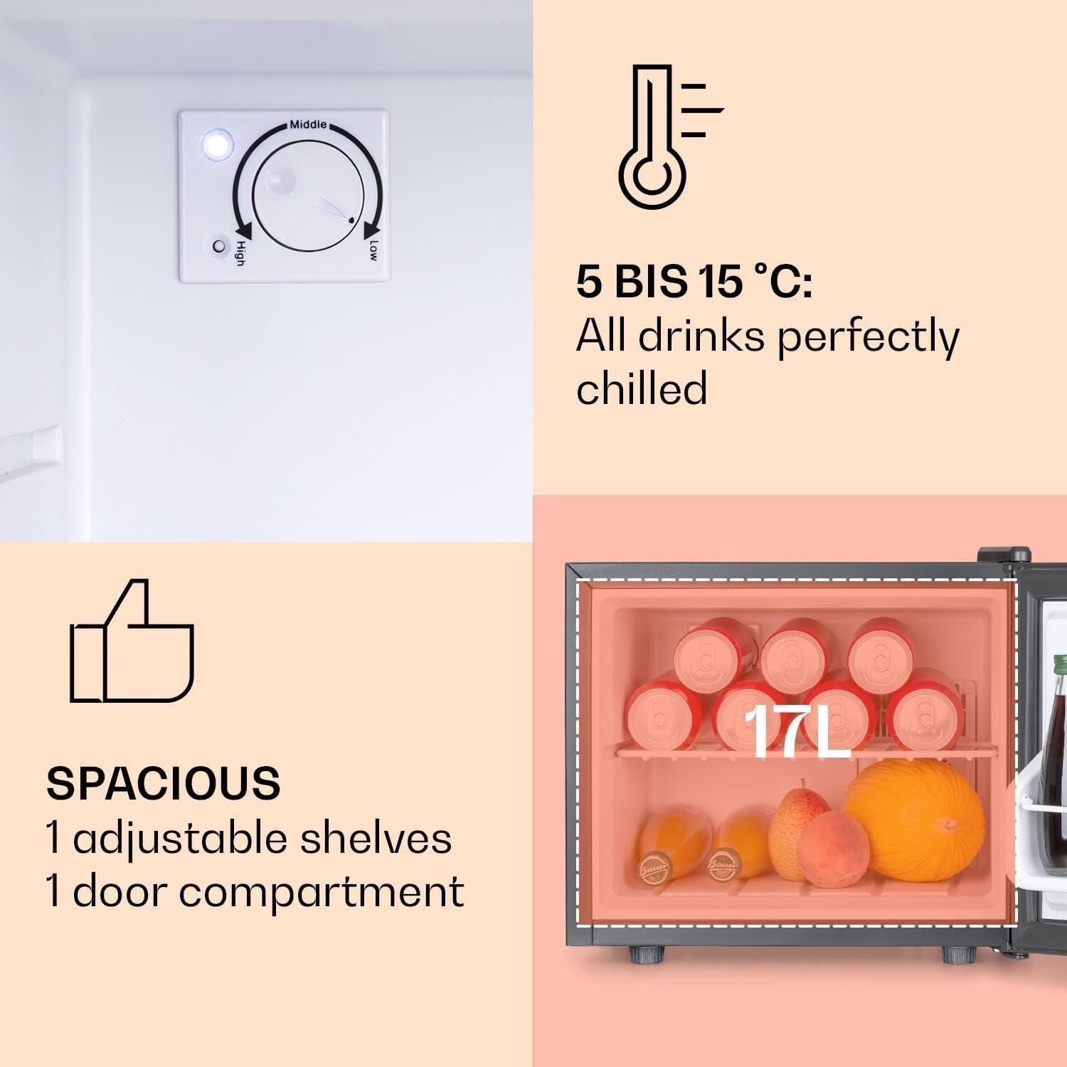 Mini Fridge 17L Compact Cooler Quiet Countertop Black Frost-Free