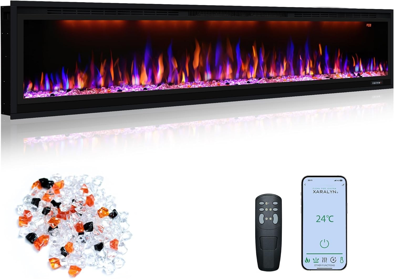 Slim Electric Fireplace Wall Mount Heater 74” Remote Timer Multicolor Flame