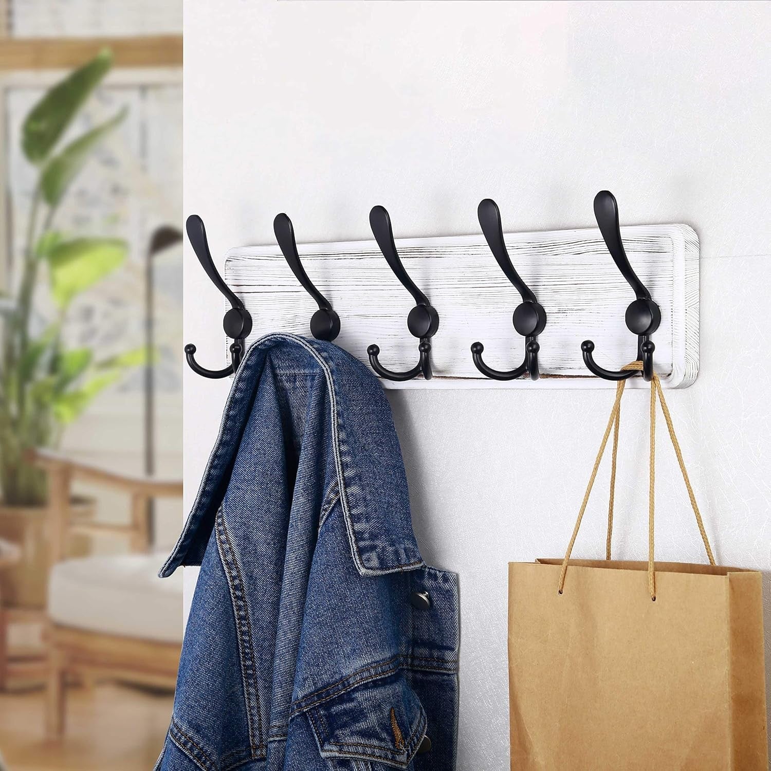 Set of 2 White Wooden Wall Coat Racks | Rustic 5 Triple Hooks Heavy Duty Organiz