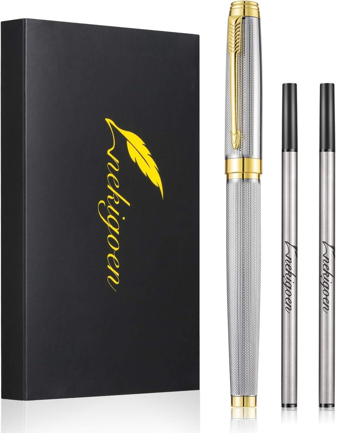 Luxury Rollerball Pen Silver Executive Gift Box 2 Refills Black Ink 0.7mm