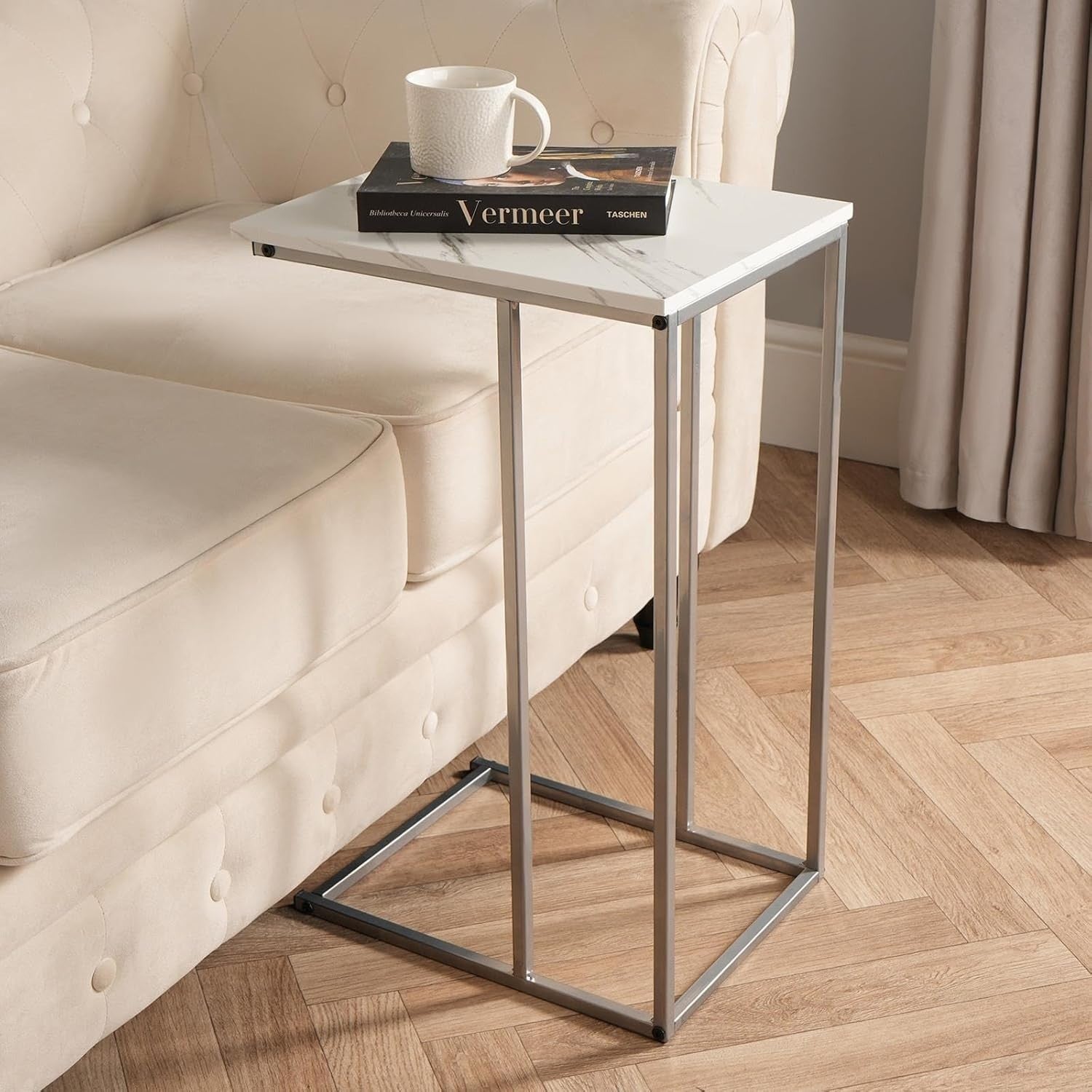 White Marble Top C-Shaped Sofa Side Table – Space-Saving Modern End Table