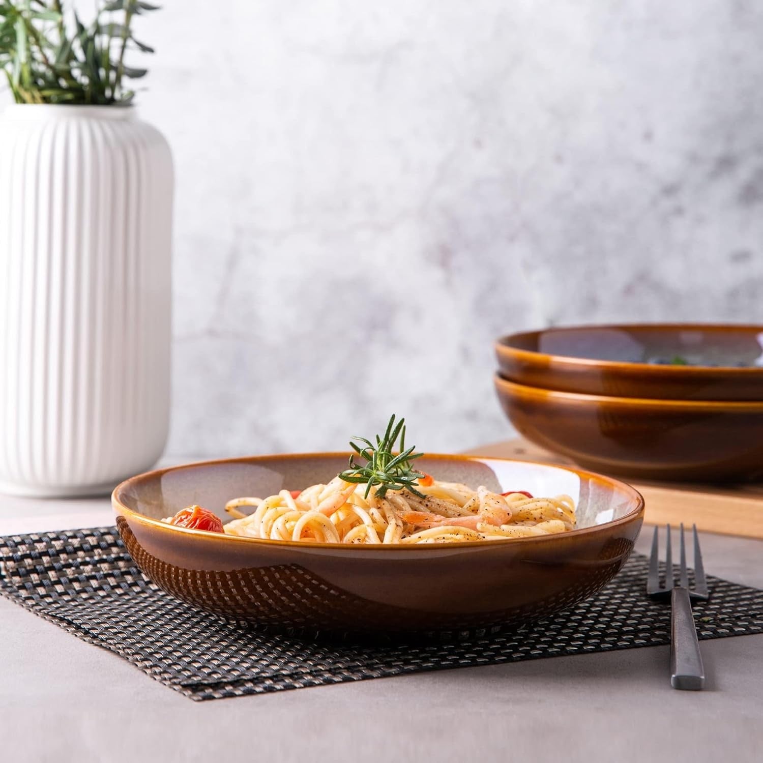 Large Pasta Bowls Set of 6 22cm Deep Stoneware Soup Noodle Bowls Cappuccino