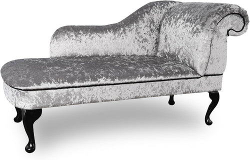 Silver Velvet Chaise Lounge Sofa | Right Hand | Queen Anne Legs | 135cm