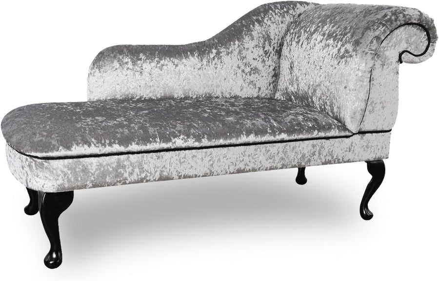 Silver Velvet Chaise Lounge Sofa | Right Hand | Queen Anne Legs | 135cm