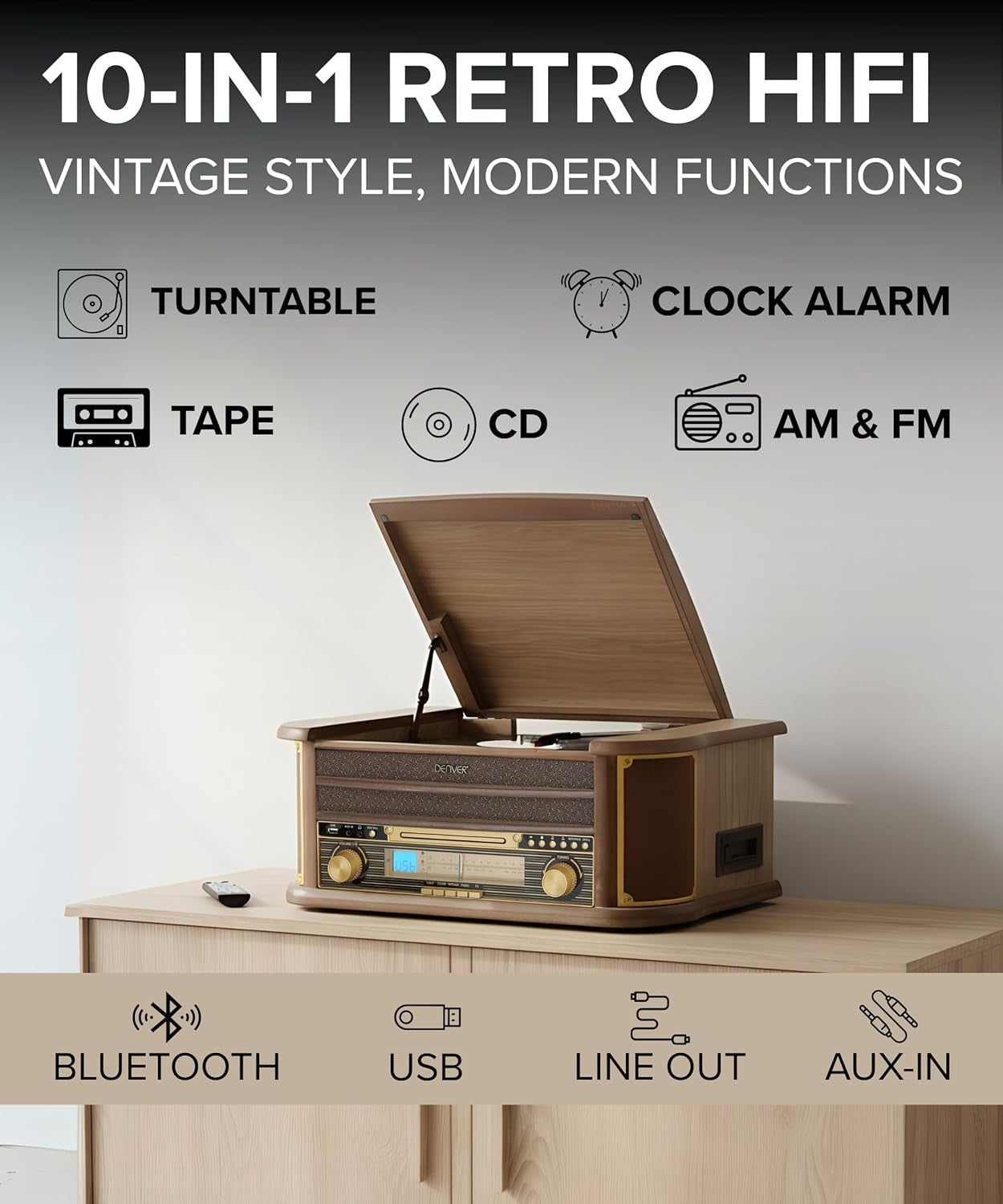 8-in-1 Retro Wooden Music System Vinyl CD Cassette Bluetooth USB MP3 Recorder