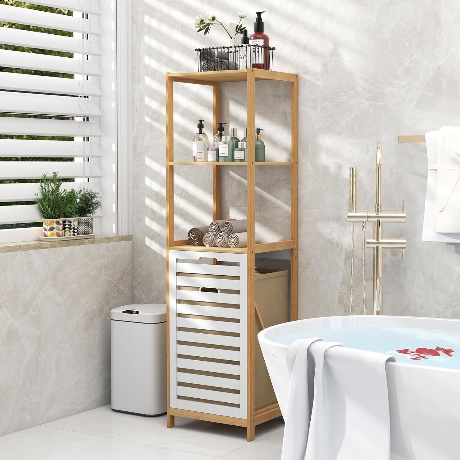 Bamboo Laundry Hamper with Shelves | Tilt-Out Basket & Removable Liner 130cm