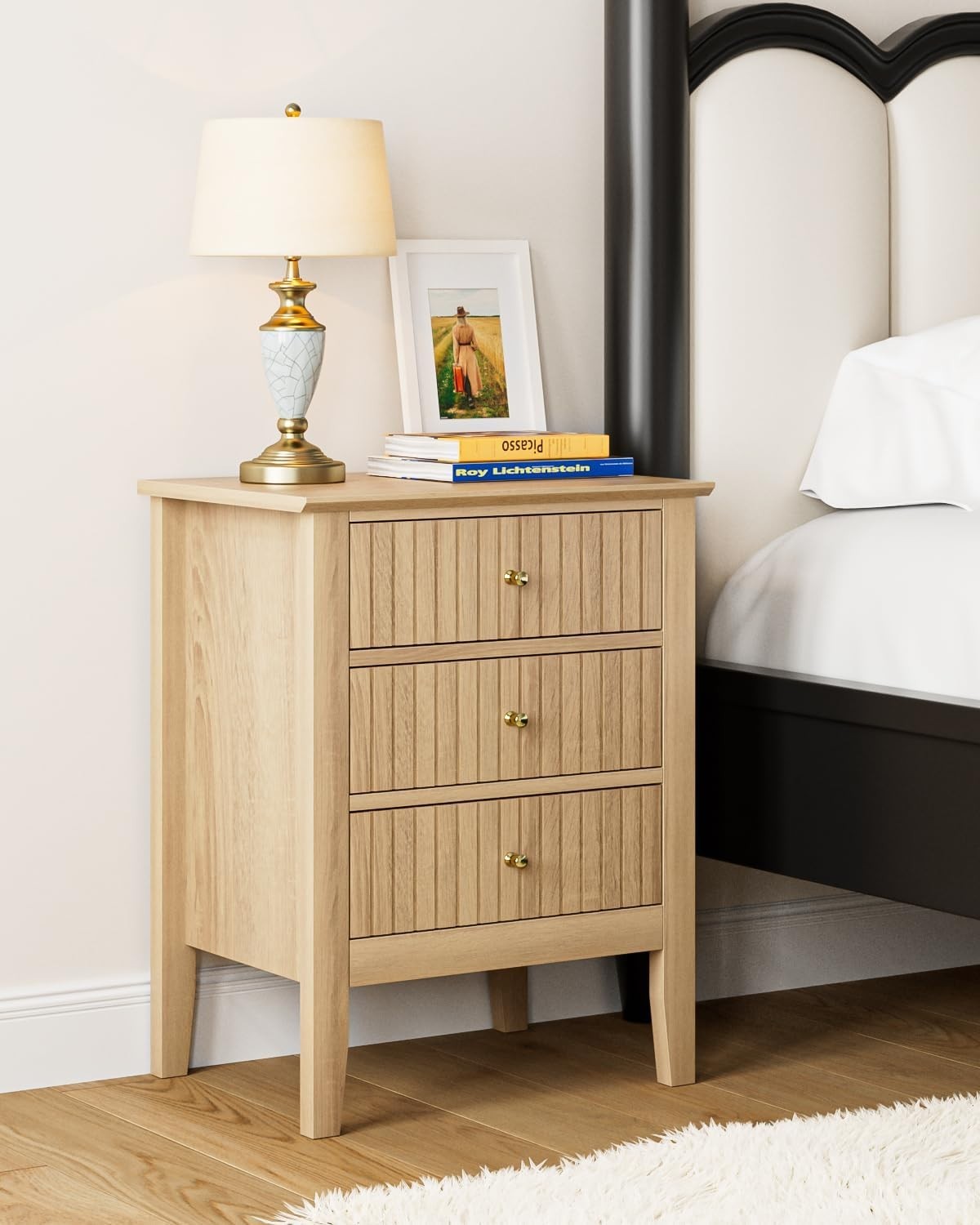 Modern Oak Bedside Table with 3 Drawers Wooden Nightstand Bedroom Storage