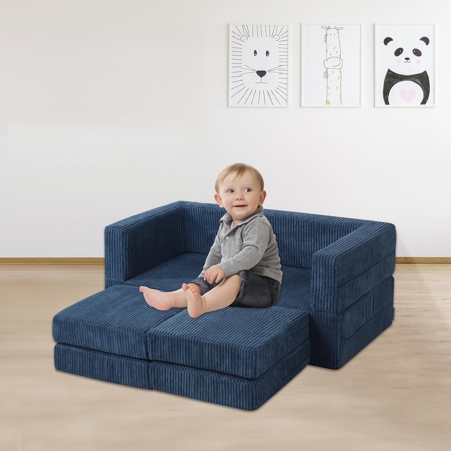 Kids Sofa Bed 2-Seater Foam Couch with Cushions, Versatile Play & Rest Blue