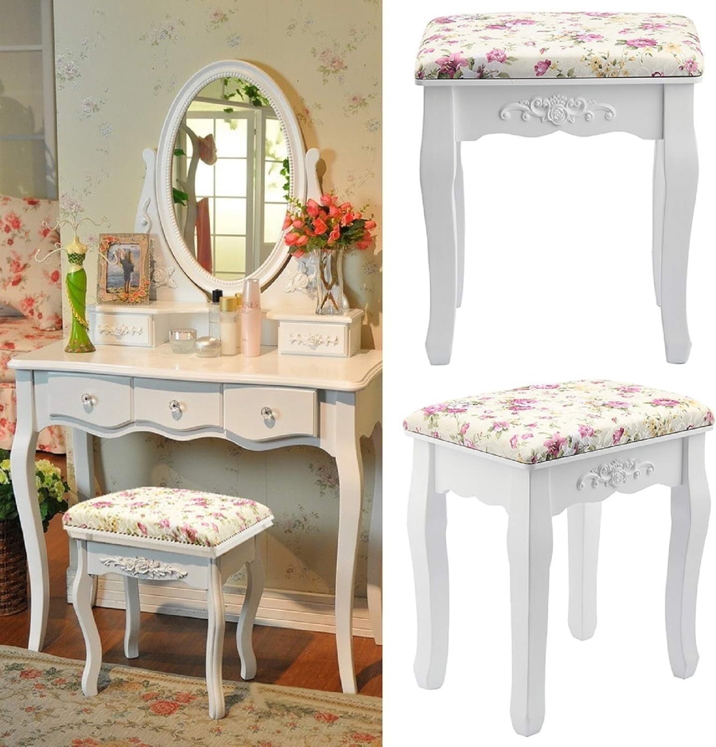 Rose Baroque Vanity Stool with Curved Wood Legs – Elegant Makeup Chair