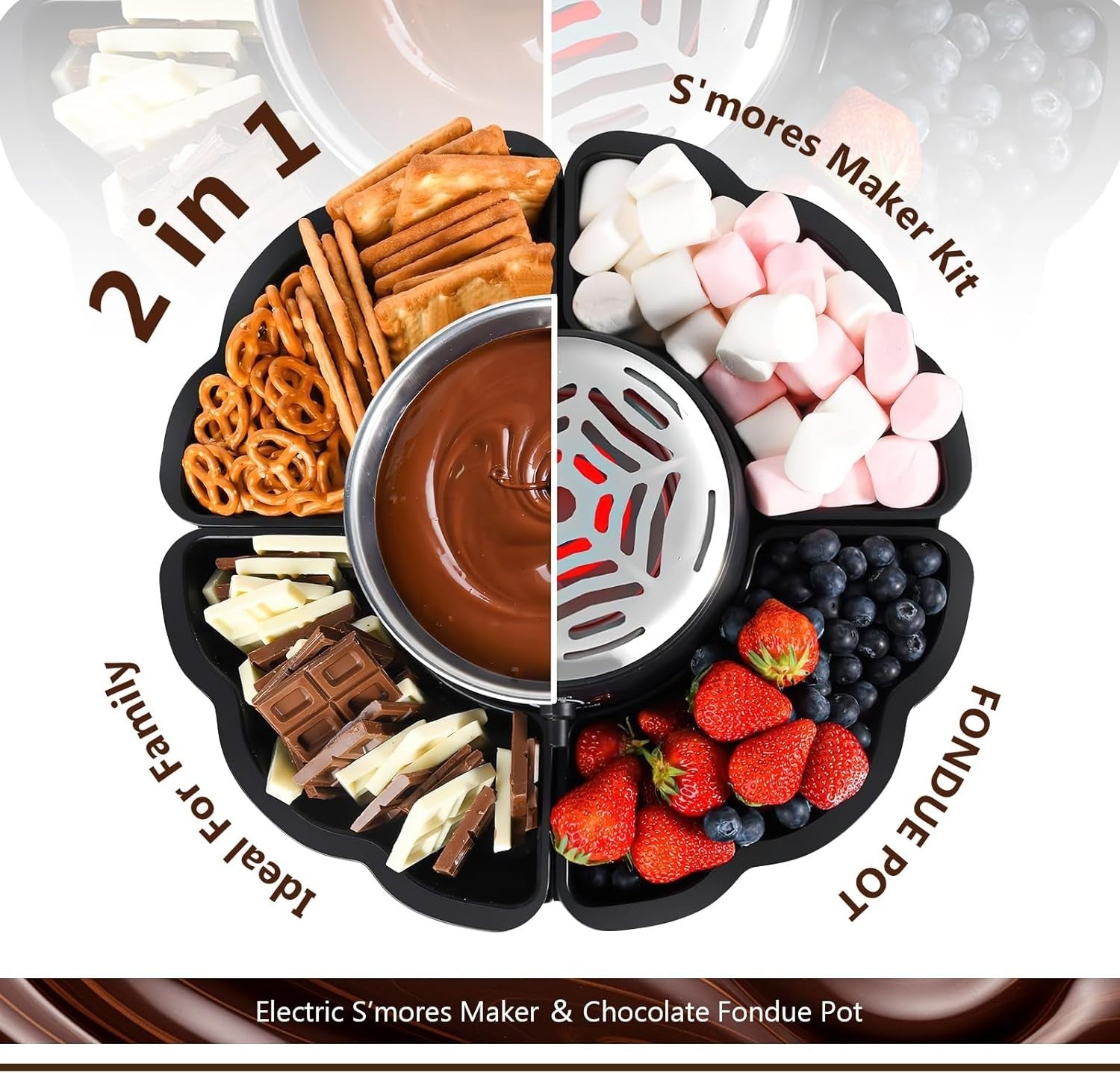 2 in 1 Smores Maker Fondue Set Electric Marshmallow Roaster Kit