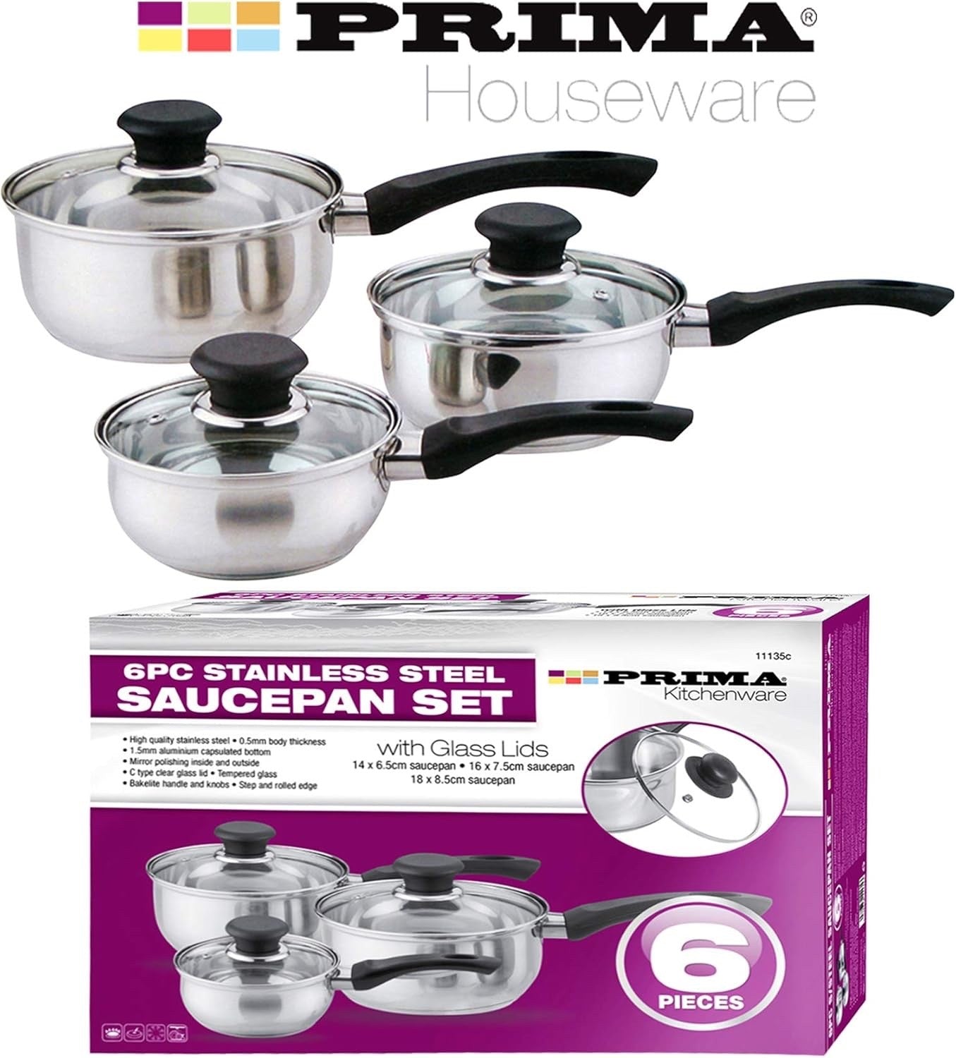 6 Pcs Stainless Steel Saucepan Essential Cookware Set with Glass Lids