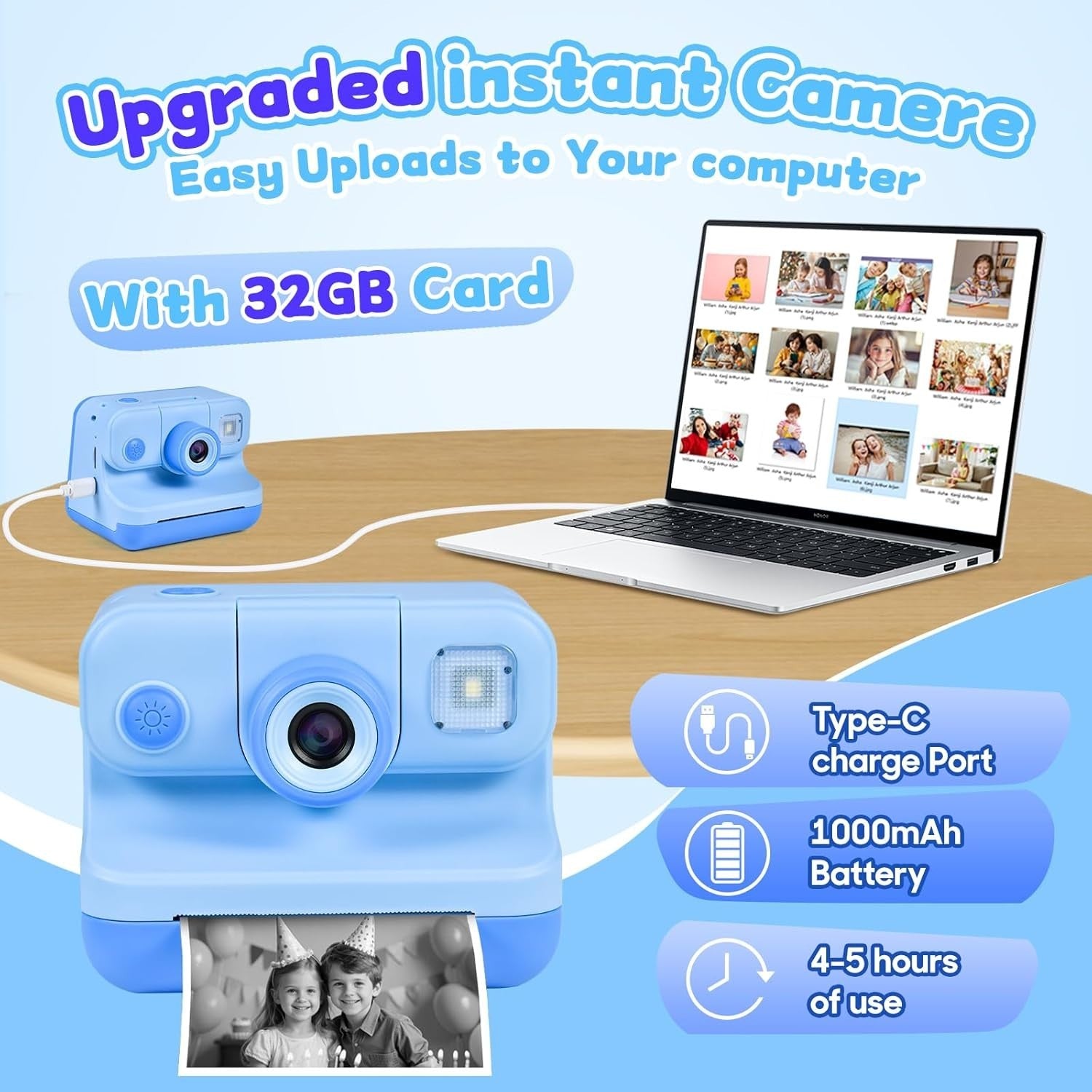 Kids Instant Print Camera 30MP 1080P HD Selfie Camera 32GB Toy Gift