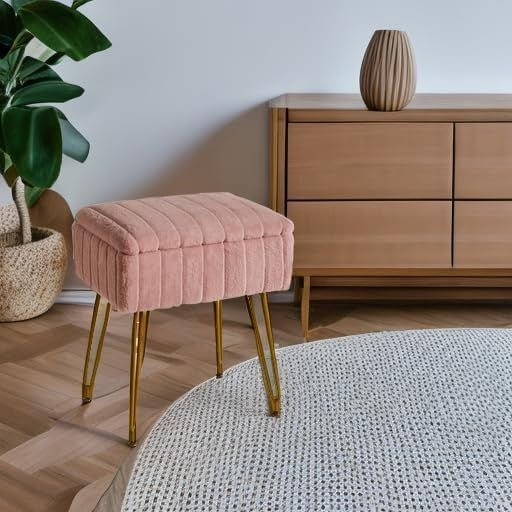 Pink Velvet Storage Footstool with Metal Legs – Rectangular Vanity Stool