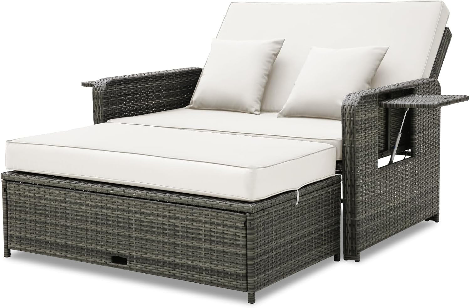 White+Grey 2-Seater Rattan Daybed Outdoor with Adjustable Back & Ottoman