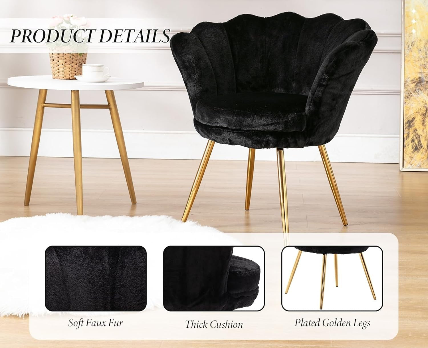 Black Velvet Lounge Chair Gold Legs | Petal Back Armchair for Bedroom
