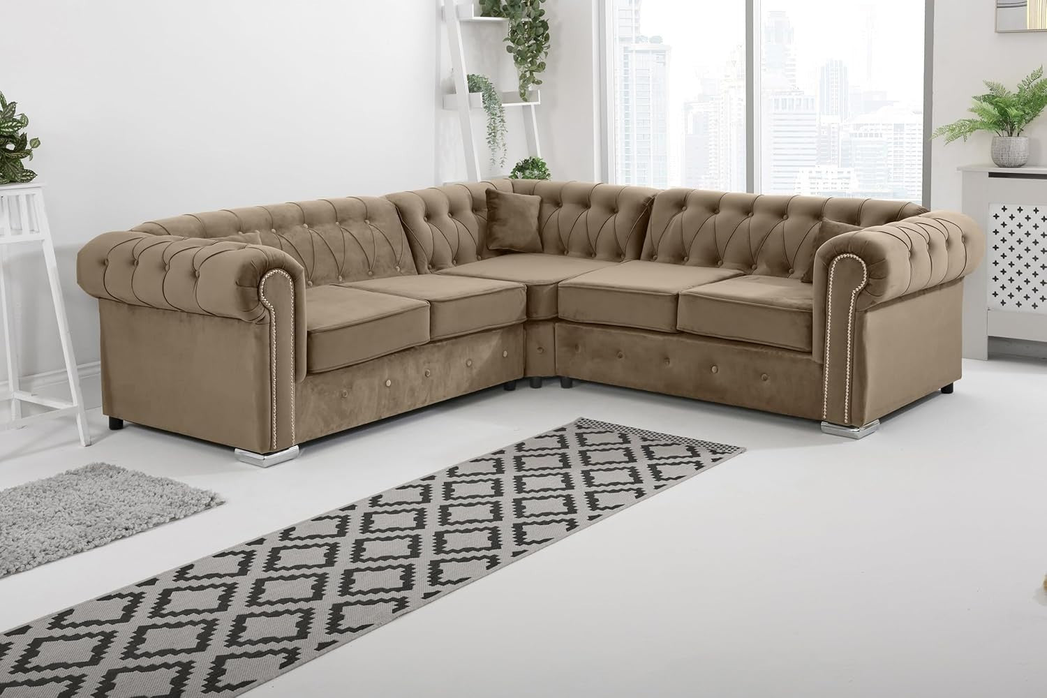 Mink Velvet Chesterfield Corner Sofa – Diamond Tufted, Foam Cushions.