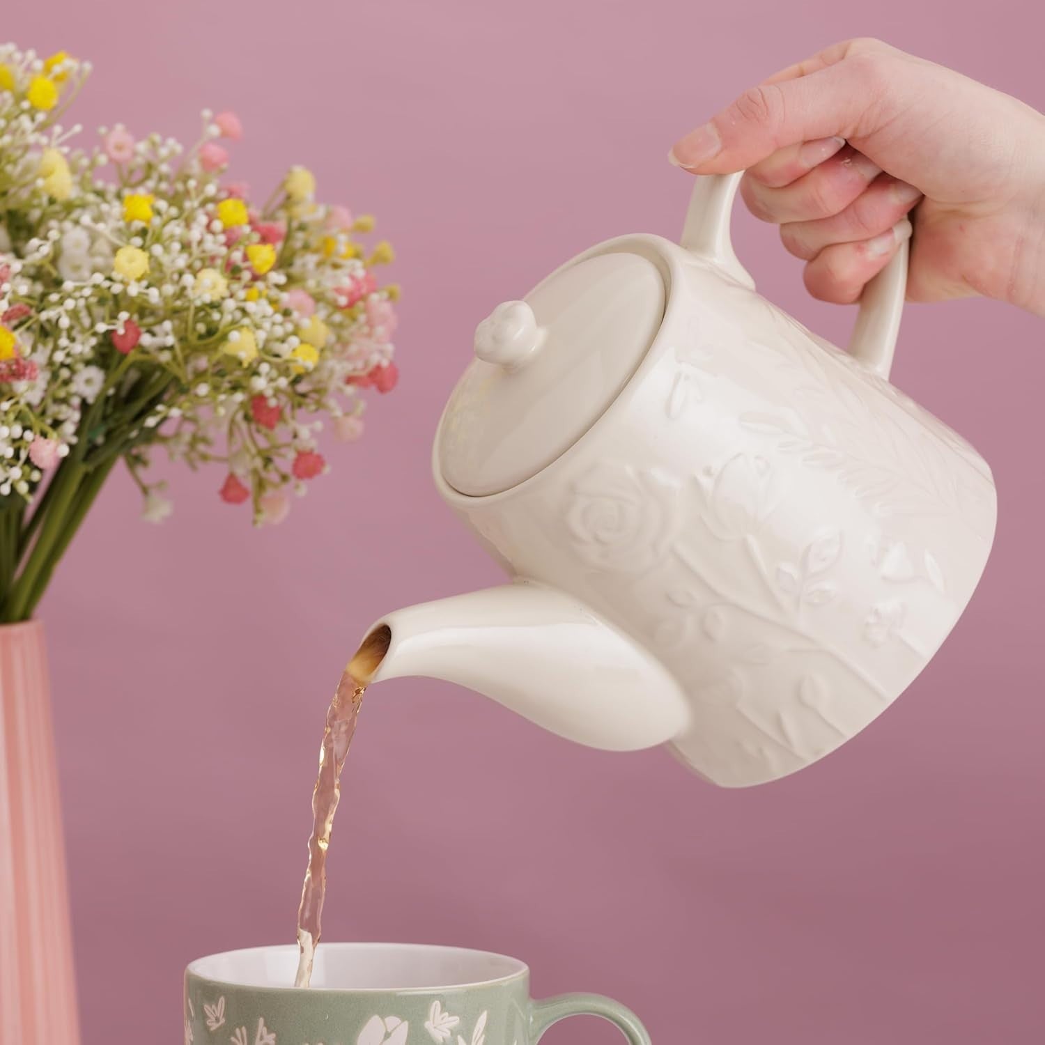 Ceramic Teapot 800ml Embossed Floral Stoneware Tea Pot Cream