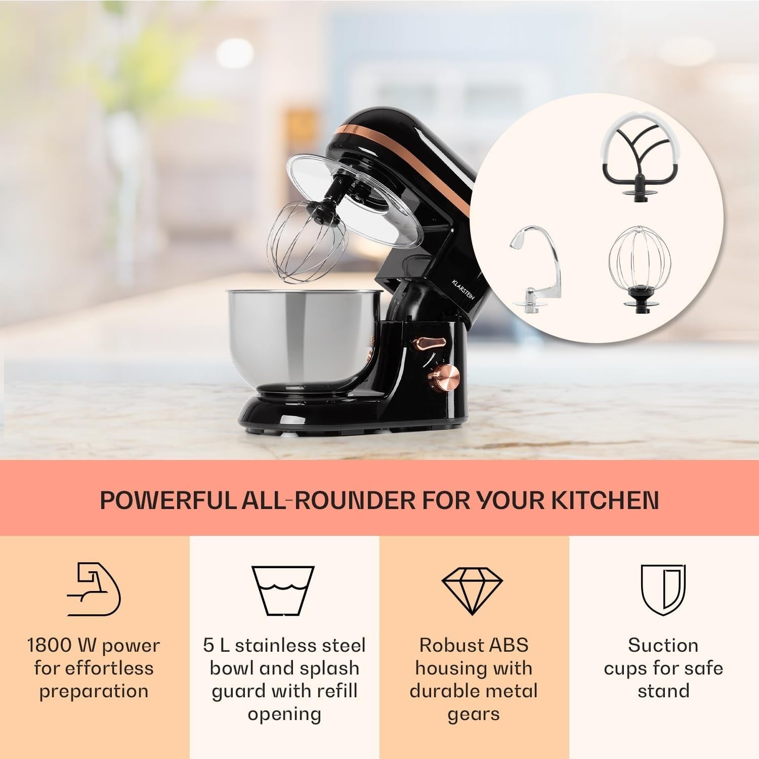 5L Stand Mixer 1800W Planetary Mixer 6 Speeds w/ Pulse Function Black