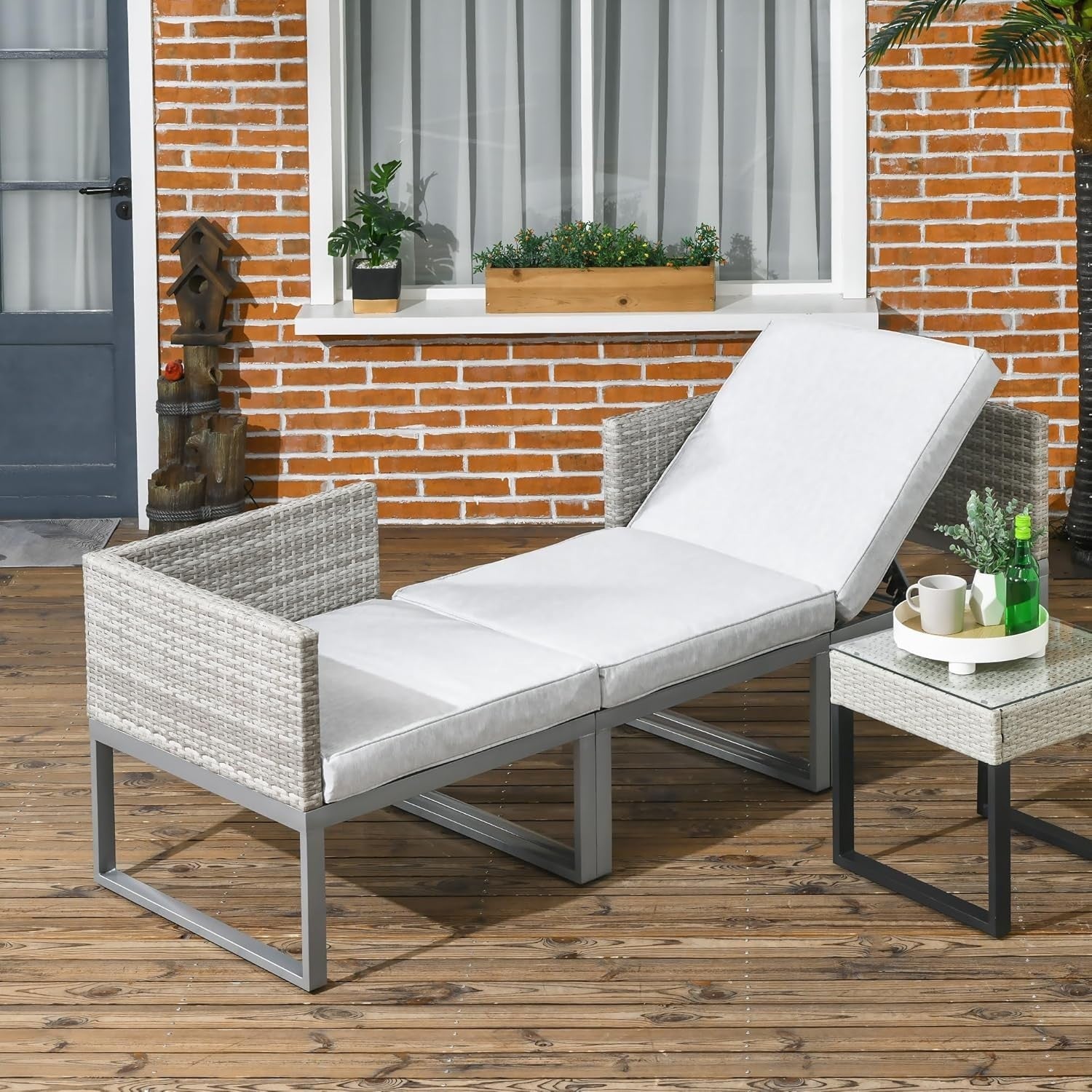 3 in 1 Rattan Bistro Set Adjustable Table Lounge Chairs Cushioned Patio Grey