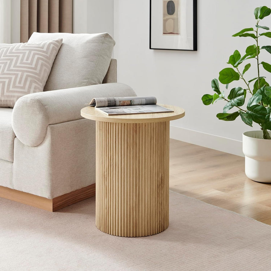 Modern Oak Round Side Table 60cm Pedestal End Table Scandinavian Minimalist