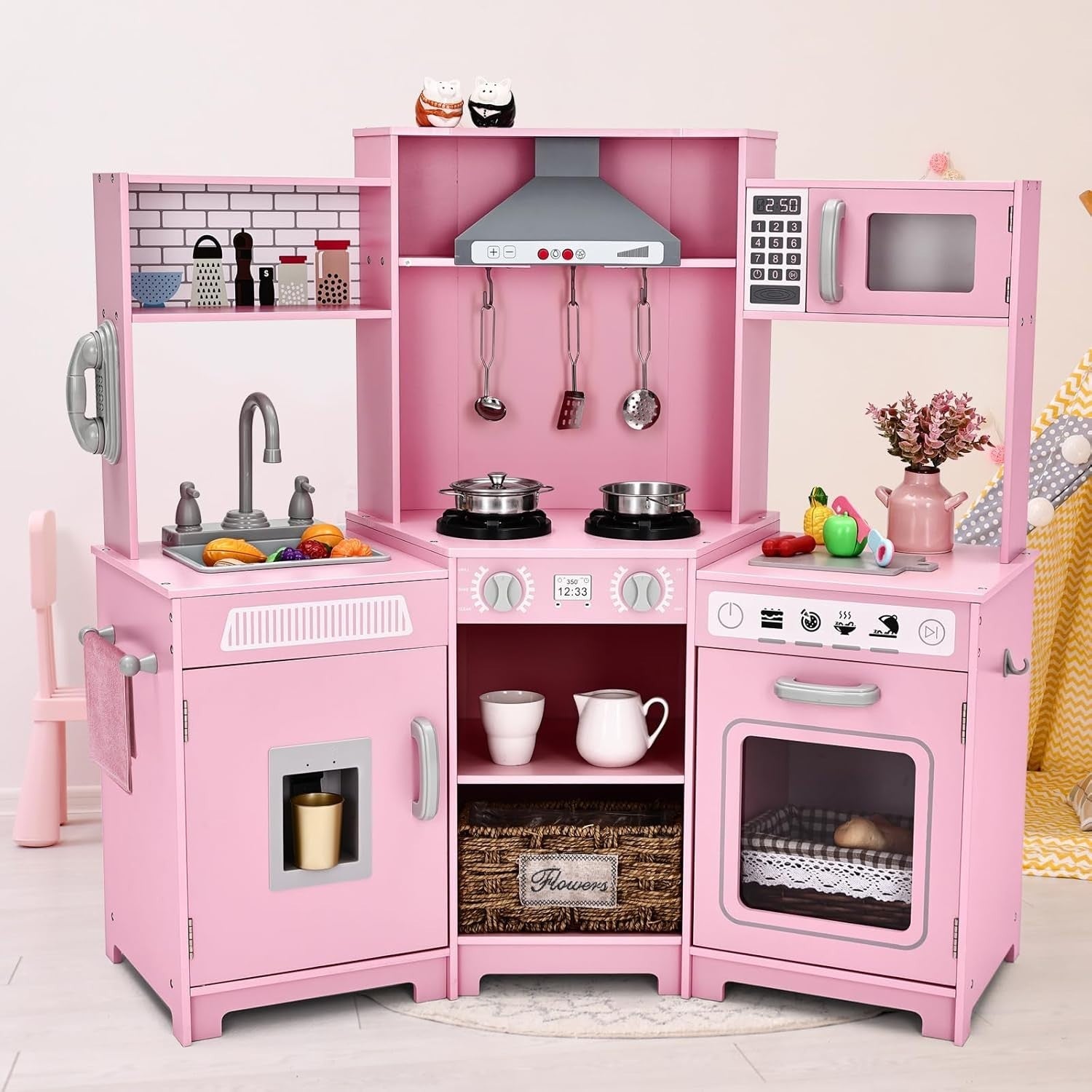 Corner Wooden Kids Play Kitchen Pink Lights Sounds Toy Set Large