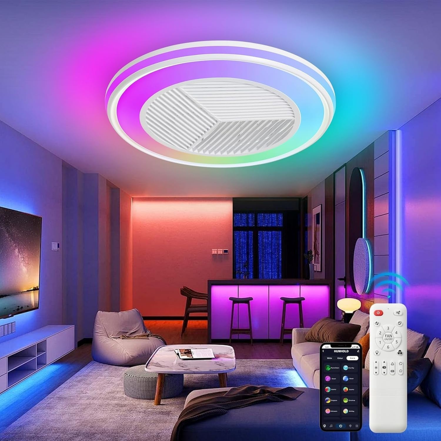 DWDVBL 50CM RGB Ceiling Fan with Smart LED Light, Remote & App Control