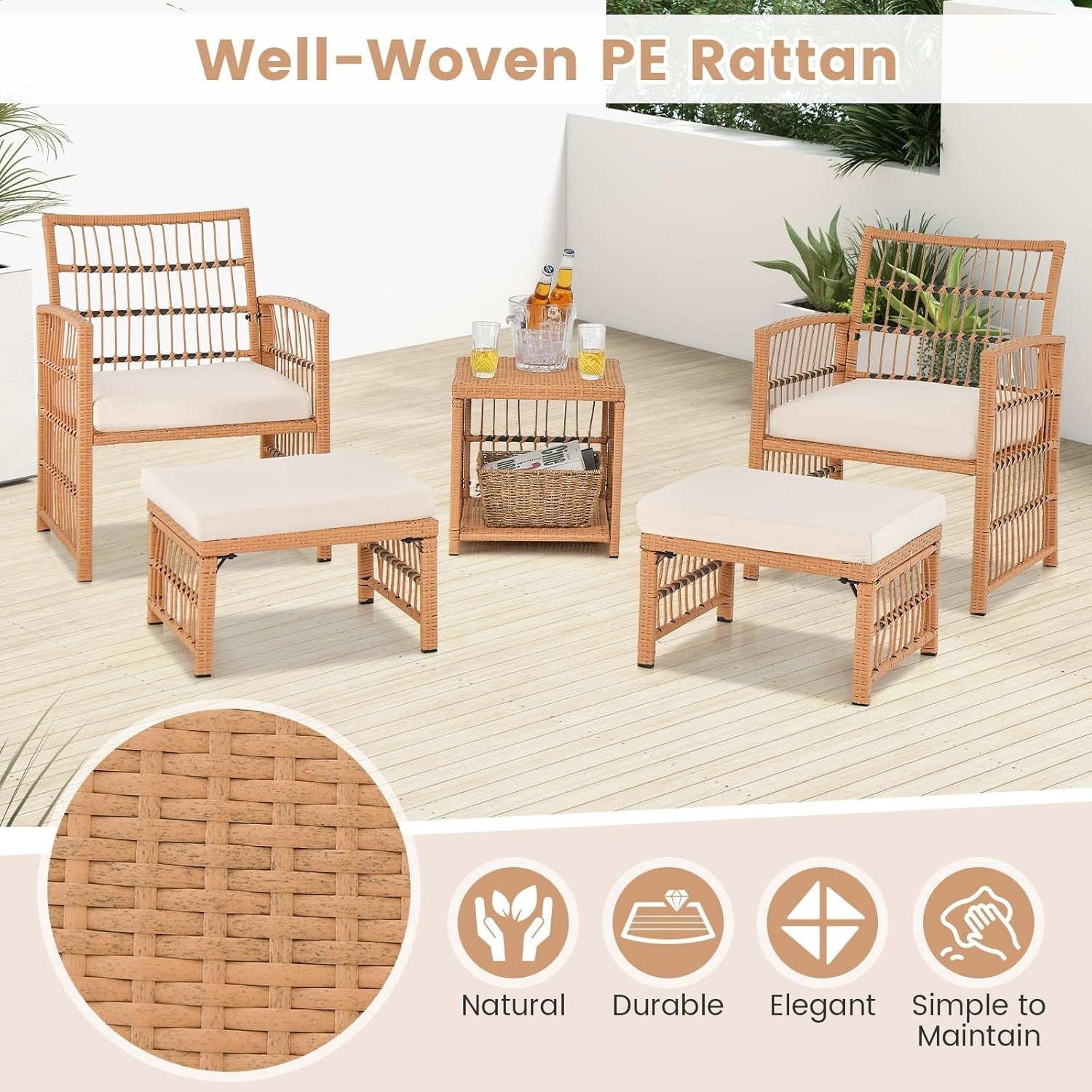 5pc Rattan Garden Furniture Set with Cushions, Table & Ottomans Patio