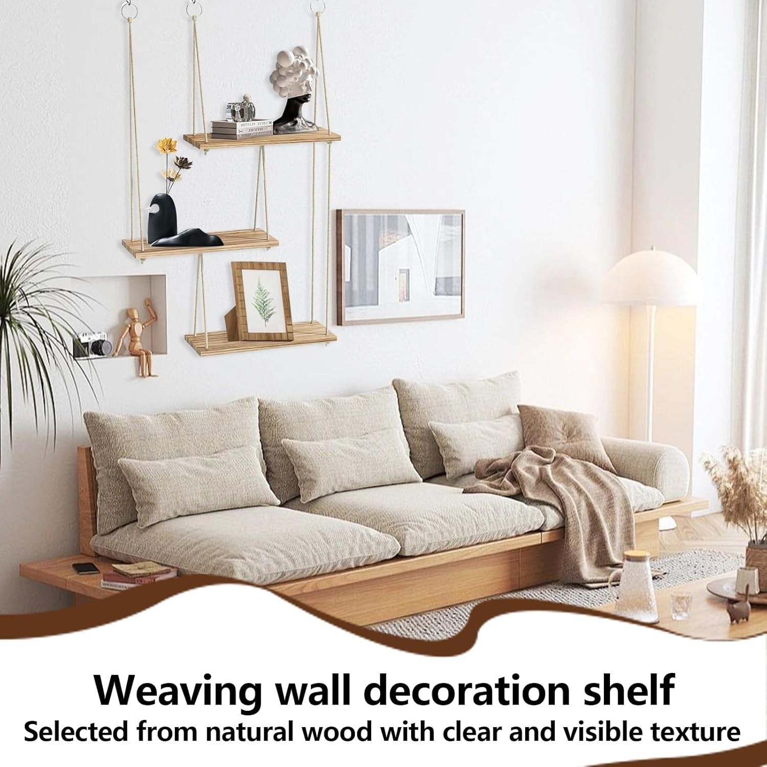 3-Tier Boho Wood Hanging Wall Shelf Floating Storage Rack