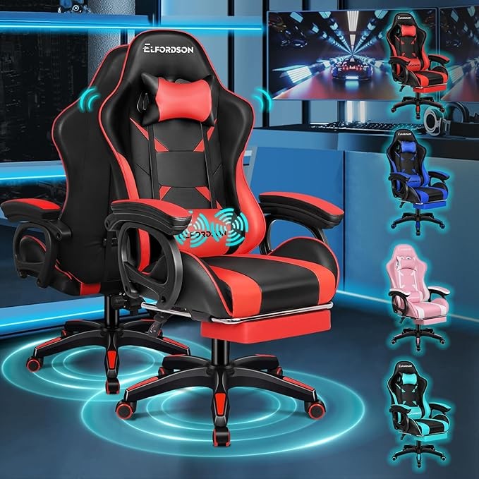 ELFORDSON Gaming Chair w/ 2-Point Massage Lumbar Red