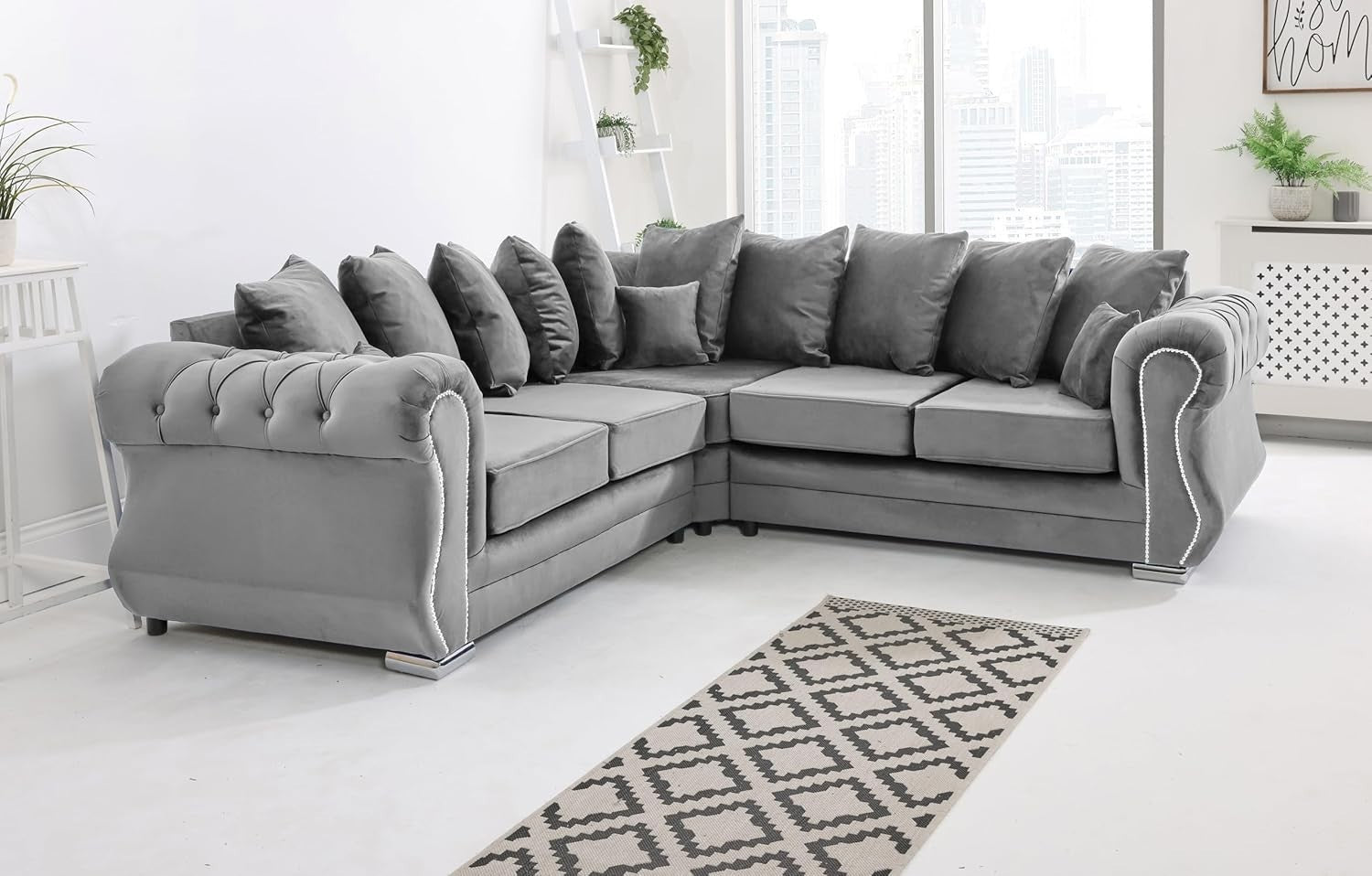 Plush Velvet 5 Seater Corner Sofa with Foam Cushions & Button Tufted - Silver