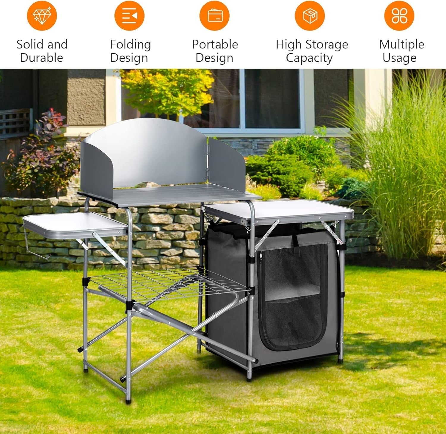 Folding Camping Kitchen Table BBQ Workstation with Windshield & Storage