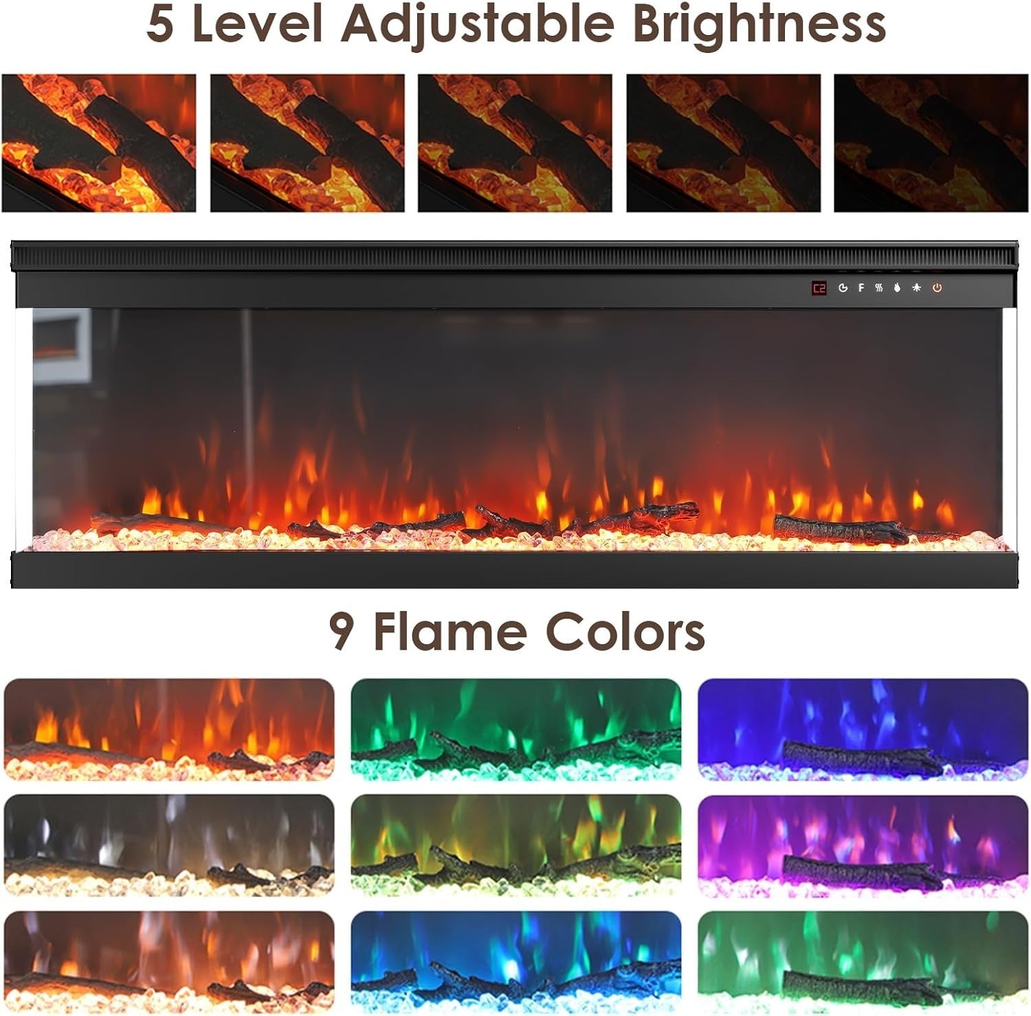 80" Wall Recessed Electric Fireplace LED Fire Heater 9 Flame Colours