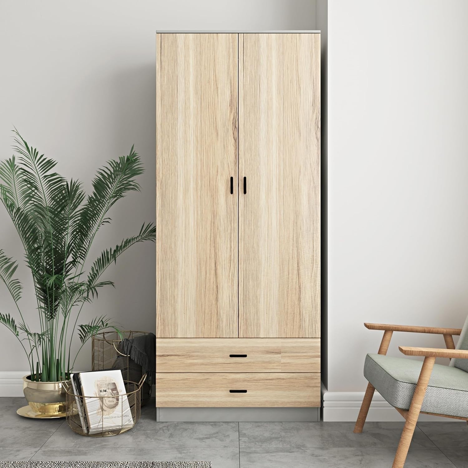 Modern 2 Door Wardrobe Oak Drawers & Hanging Rail | Bedroom Storage Unit