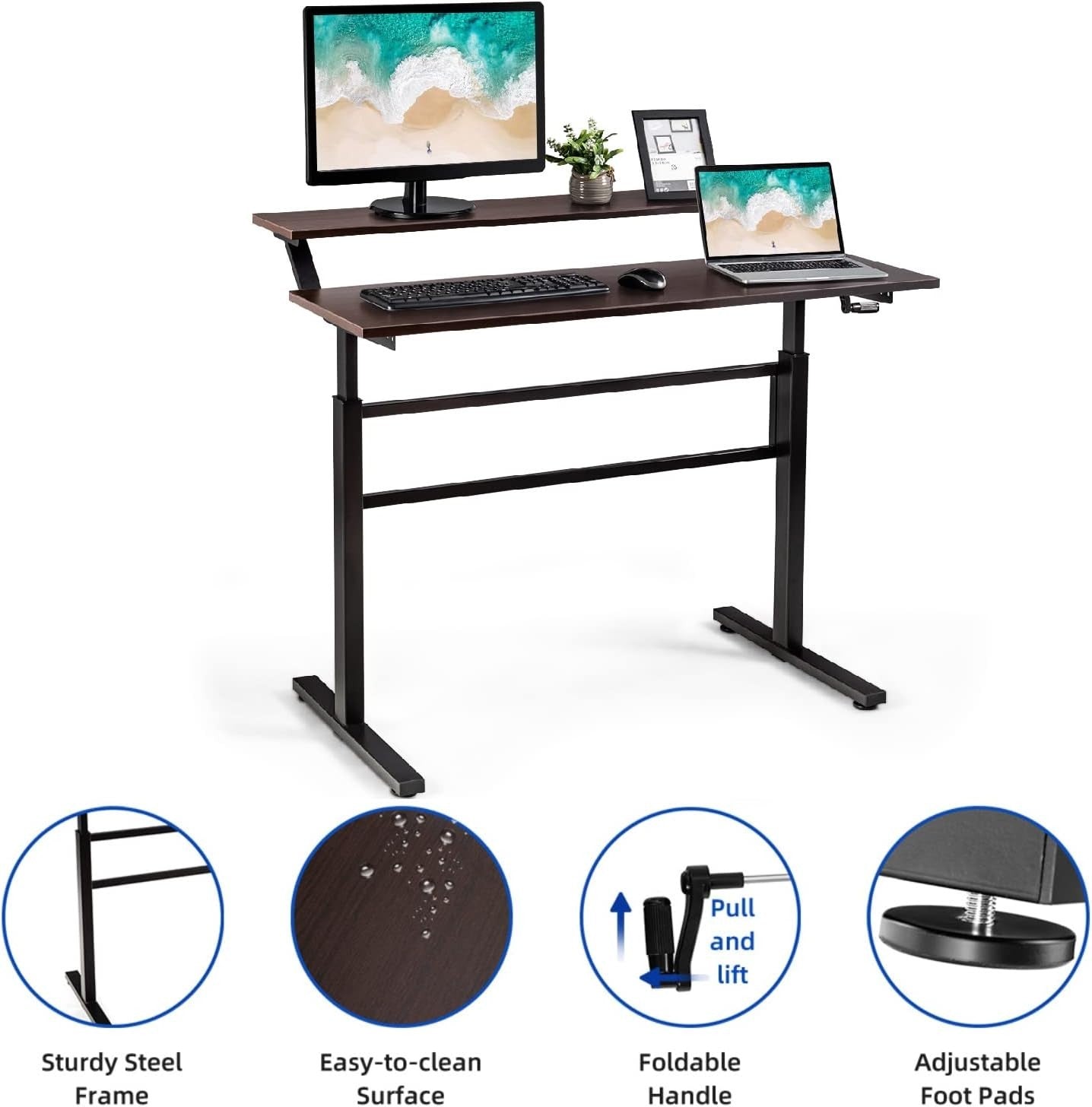 Height Adjustable Standing Desk 113cm Sit Stand Crank Table Brown
