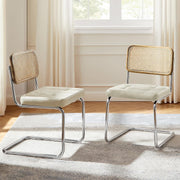 Set of 2 Cane Back Dining Chairs Faux Leather Seats Chrome Legs Off White