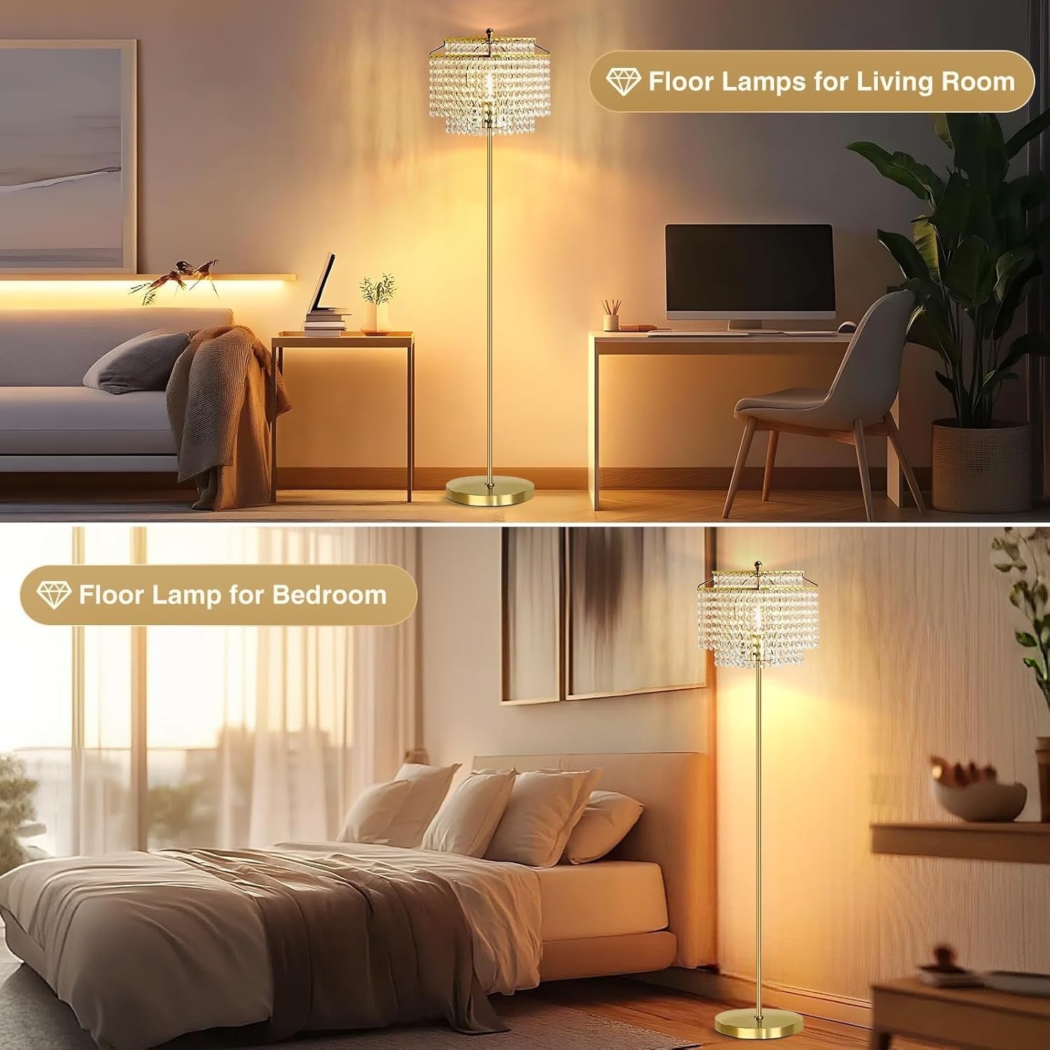 Crystal Floor Lamp Standing Light with Foot Switch Luxury Tall Living Room
