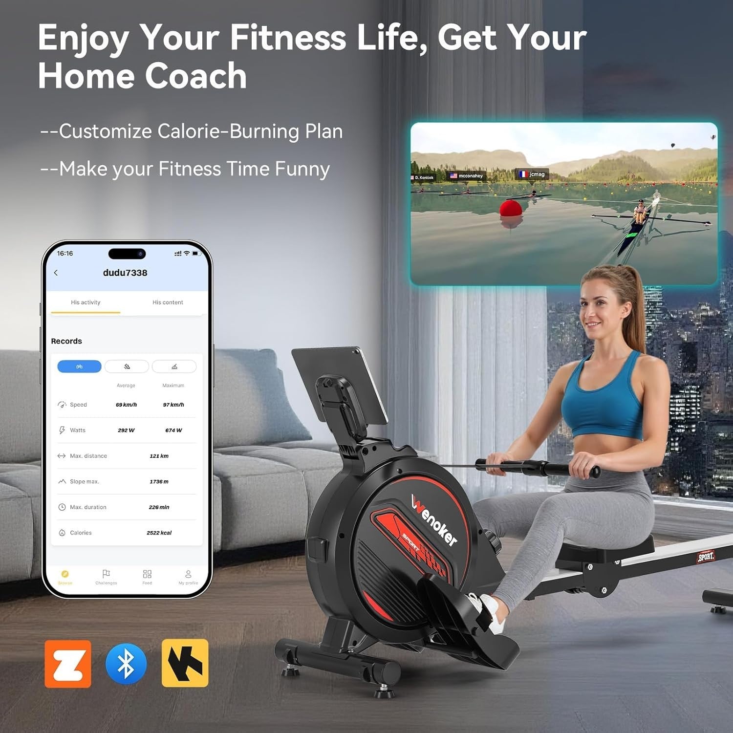 Magnetic Rowing Machine 16-Level Quiet Foldable Rower 350lb Capacity App