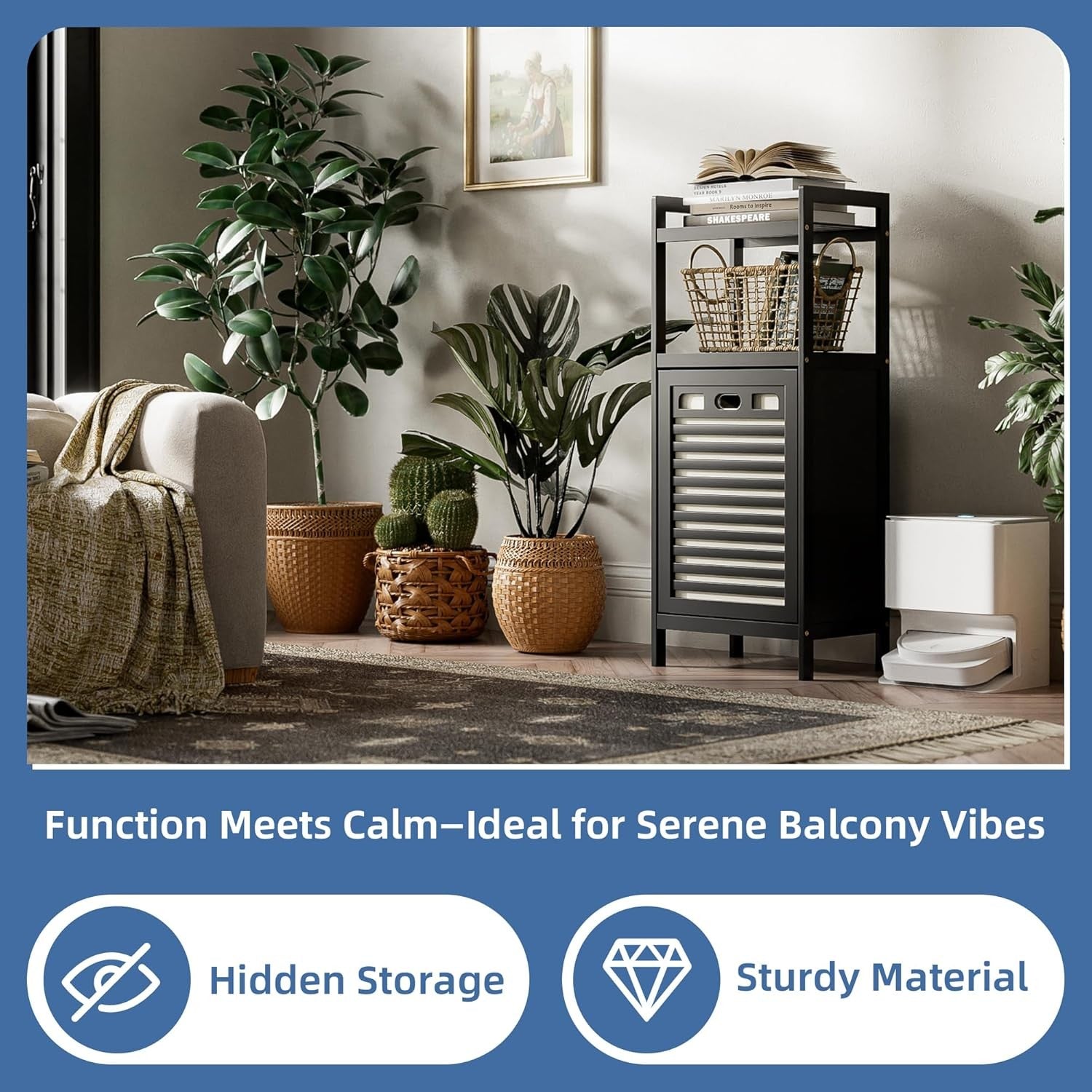 Black Tilt Out Laundry Hamper Cabinet Bamboo 32L Basket with Storage Shelves