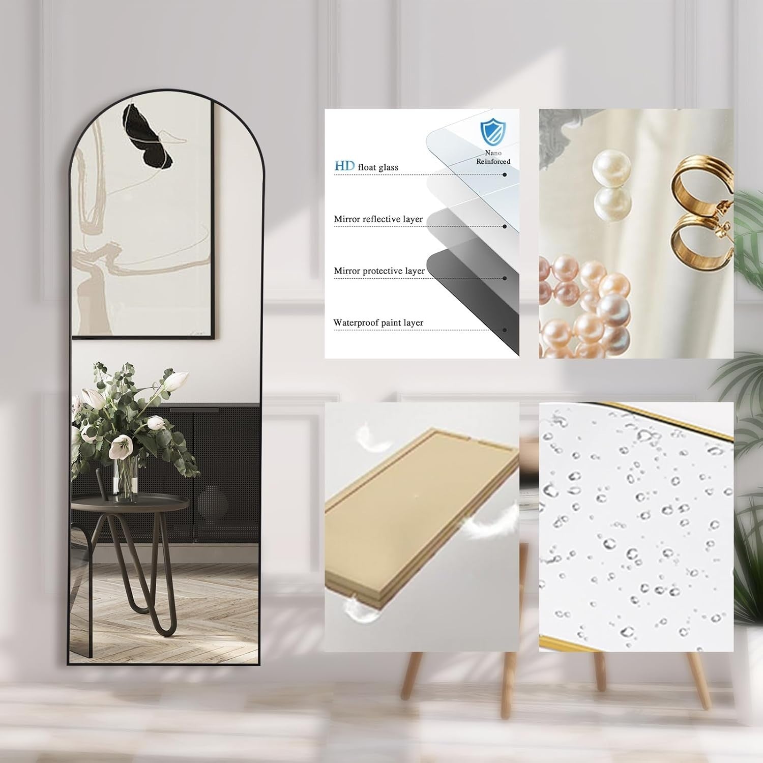Full-Length Arch Floor Mirror 147x44cm Black Frame, Stand & Wall Mount