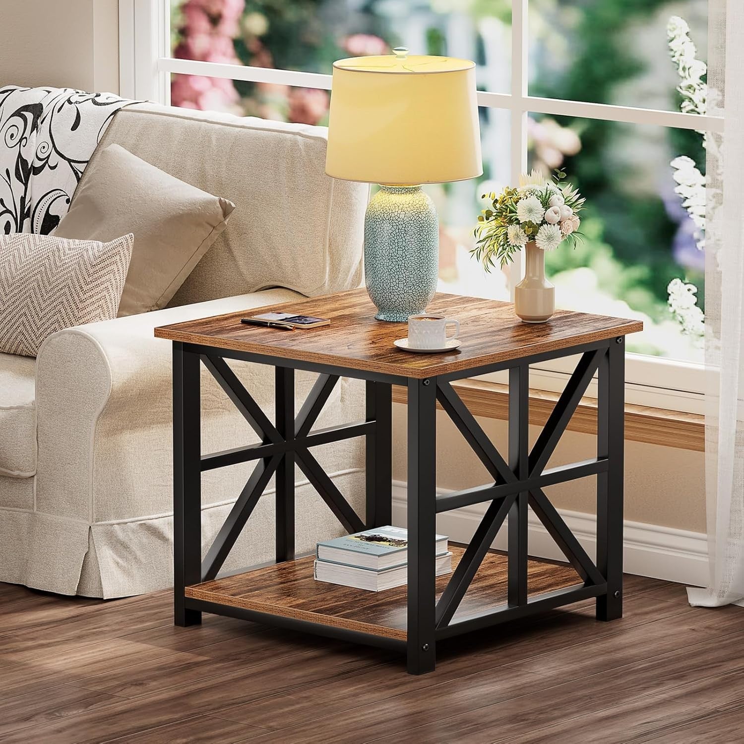 Walnut 2-Tier Square Side Table 60x60x60 cm | Large End Table w/ Storage