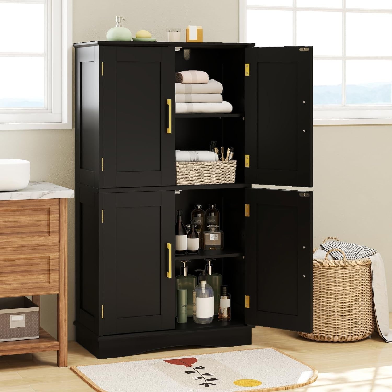 Black 4 Door Storage Cabinet Freestanding Cupboard with Adjustable Shelves 110cm