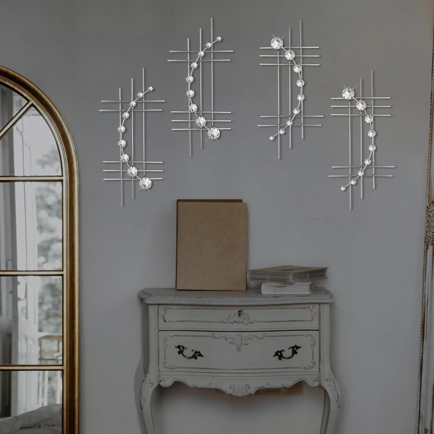 Silver Crystal Metal Wall Art Set of 4 24" Bling Decor