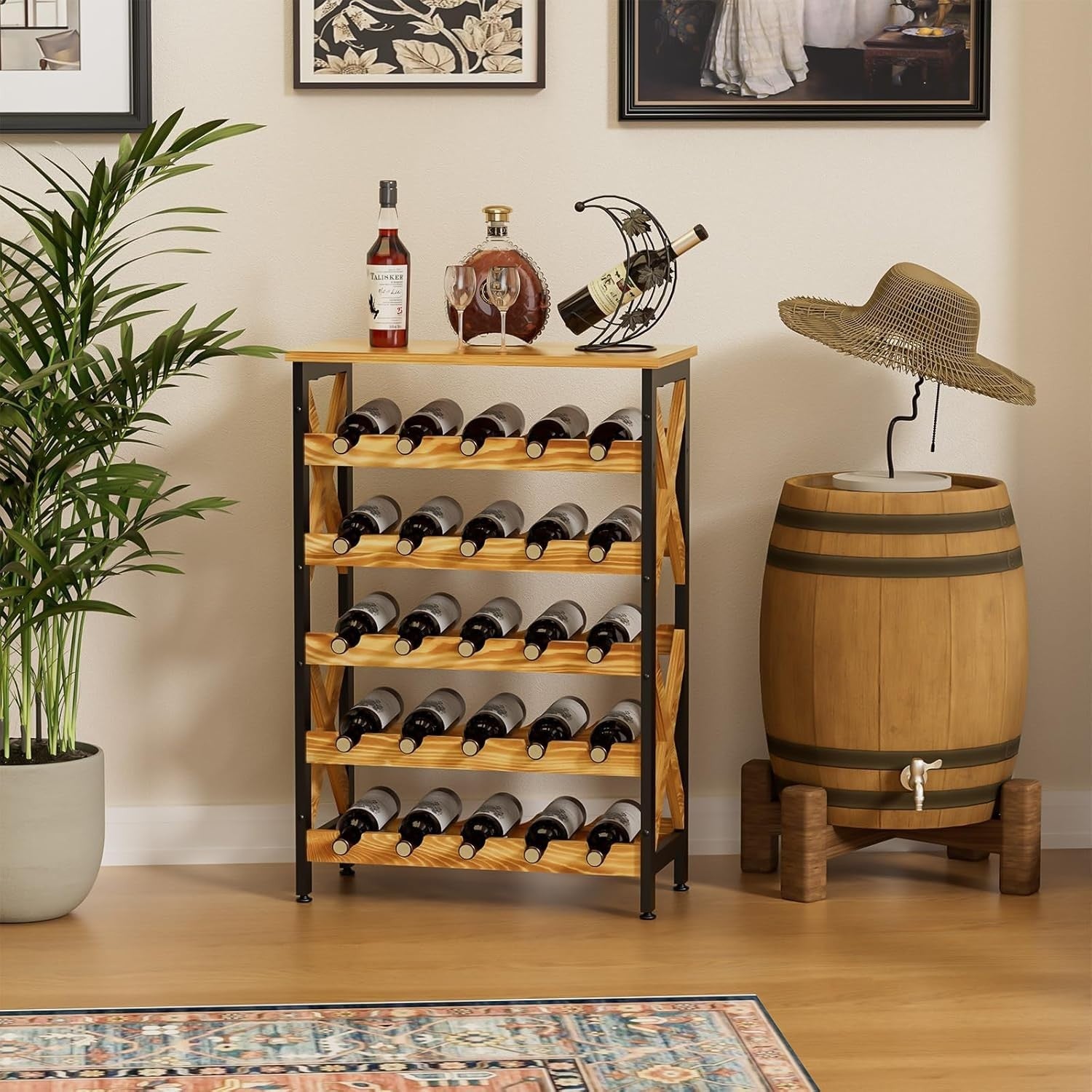 25 Bottle Wine Rack 5 Tier Rustic Floor Standing Storage Shelf with Wood Top Bar