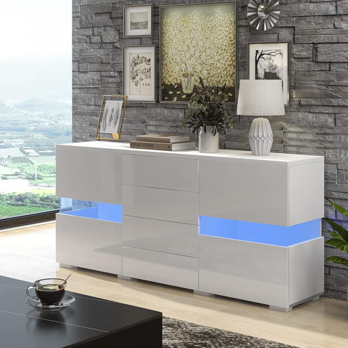 Modern White Sideboard Cabinet with 2 Doors, 4 Drawers & 16-Color LED Light