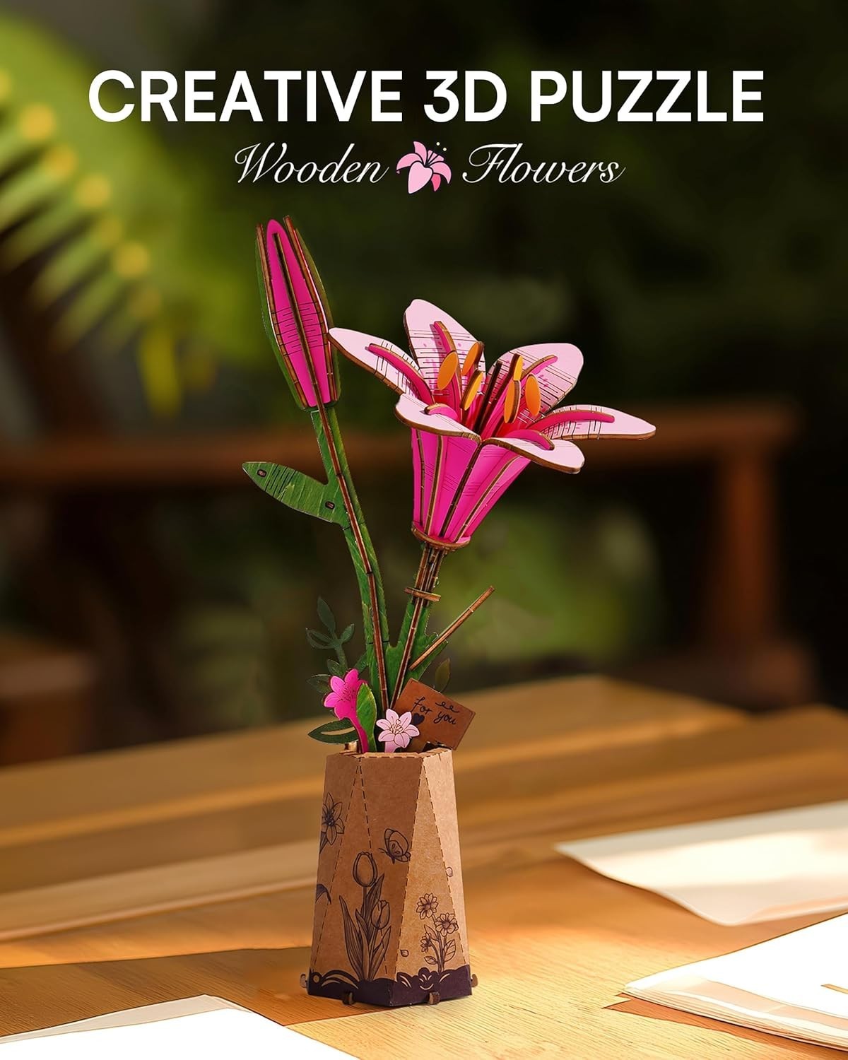 3D Wooden Pink Lily Puzzle Kit for Adults – DIY Flower Decor Gift Set